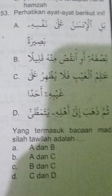 hamzah
53. Perhatikan ayat-ayat berikut ini!
A. adi de gy e

B.
c. Jê ả Sã quải qe
L gé
Yang termasuk bacaan mad
silah tawilah adalah ....
a. A dan B
b. A dan C
c. B dan C
d. C dan D