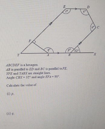 ABCDEF is a hexagon.
AB is parallel to ED and BC is parallel to FE.
YFE and YABX are straight lines.
Angle CBX=32° and angle EFA=90°. 
Calculate the value of
(i) p,
(ii) q,