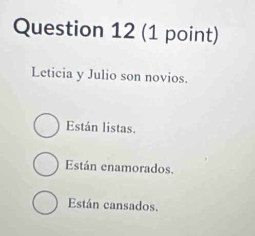 Leticia y Julio son novios.
Están listas.
Están enamorados.
Están cansados.