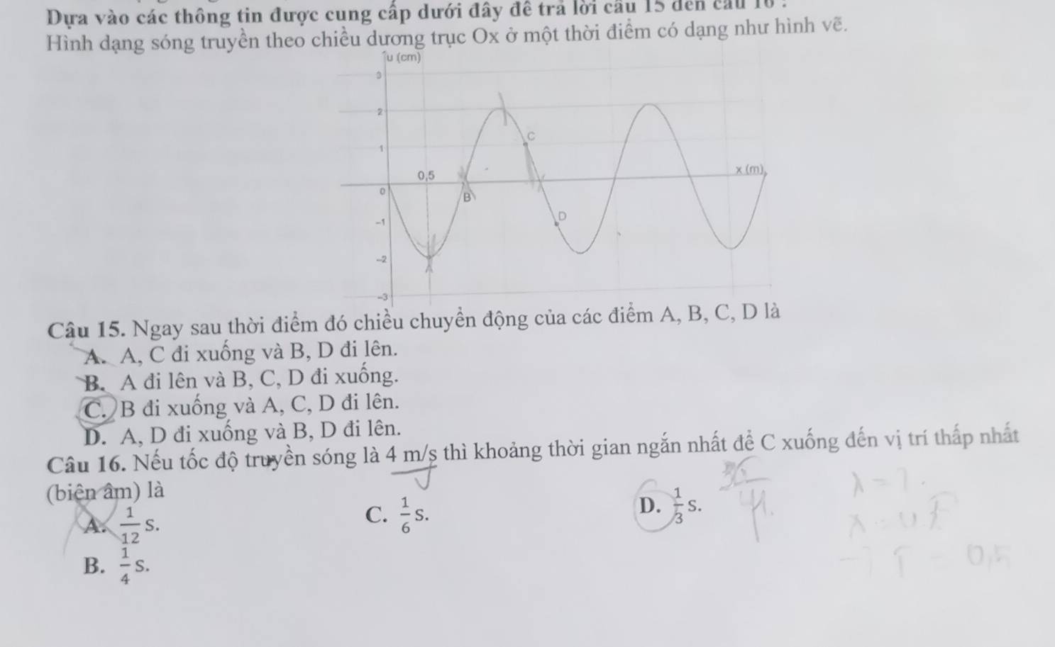 Dựa vào các thông tin được cung cấp dưới đây đề trả lời cầu 15 den cầu 10
Hình dạng sóng truyền theo chiều dương trục Ox ở một thời điểm có dạng như hình vẽ.
Câu 15. Ngay sau thời điểm đó chiều chuyển động của các điểm A, B, C, D là
A. A, C đi xuống và B, D đi lên.
B. A đi lên và B, C, D đi xuống.
C. B đi xuống và A, C, D đi lên.
D. A, D đi xuống và B, D đi lên.
Câu 16. Nếu tốc độ truyền sóng là 4 m/s thì khoảng thời gian ngắn nhất để C xuống đến vị trí thấp nhất
(biện âm) là
A.  1/12 S.
C.  1/6 S.
D.  1/3 s.
B.  1/4 s.