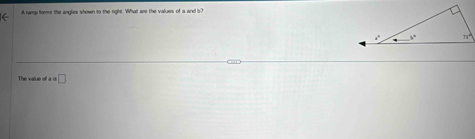 A ramp forms the angles shown to the right. What are the values of a and b?
The value of a is □ .