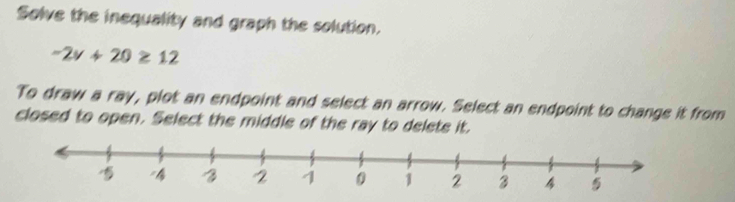 Solve the inequality and graph the solution.
-2v+20≥ 12
To draw a ray, plot an endpoint and select an arrow. Select an endpoint to change it from 
closed to open. Select the middle of the ray to delete it,