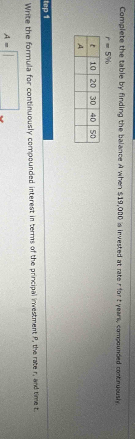 Complete the table by finding the balance A when $19,000 is invested at rate r for t years, compounded continuously
r=5%
tep 1 
Write the formula for continuously compounded interest in terms of the principal investment P, the rate r, and time t.
A=□ 2