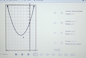 Doma in: W l reaI numbers
Range: y≥ 5
Range: Domain x≥ -3
?≥ 5
Domain; r=5
Range r≥ -3
Doma in x≥ -3
Range All real nymber
Clecar All
Previous