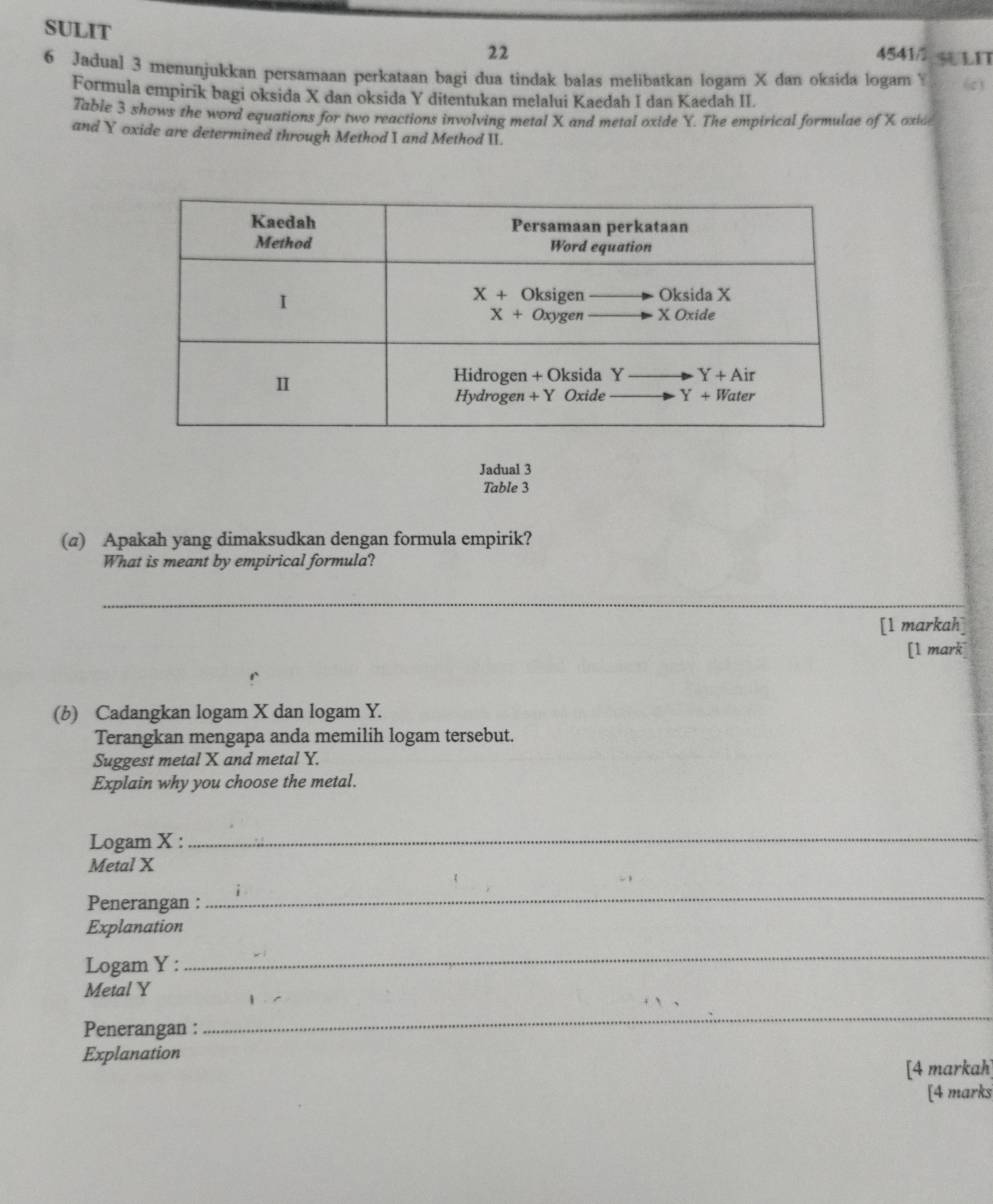 SULIT 4541/ 5U 1.1
22
6 Jadual 3 menunjukkan persamaan perkataan bagi dua tindak balas melibatkan logam X dan oksida logam Y ()
Formula empirik bagi oksida X dan oksida Y ditentukan melalui Kaedah I dan Kaedah II.
Table 3 shows the word equations for two reactions involving metal X and metal oxide Y. The empirical formulae of X oxic
and Y oxide are determined through Method I and Method II.
Jadual 3
Table 3
(@) Apakah yang dimaksudkan dengan formula empirik?
What is meant by empirical formula?
_
[l markah]
[1 mark
(b) Cadangkan logam X dan logam Y.
Terangkan mengapa anda memilih logam tersebut.
Suggest metal X and metal Y.
Explain why you choose the metal.
Logam X :
_
Metal X
Penerangan :
_
Explanation
Logam Y :
_
Metal Y
Penerangan :
_
Explanation
[4 markah]
[4 marks