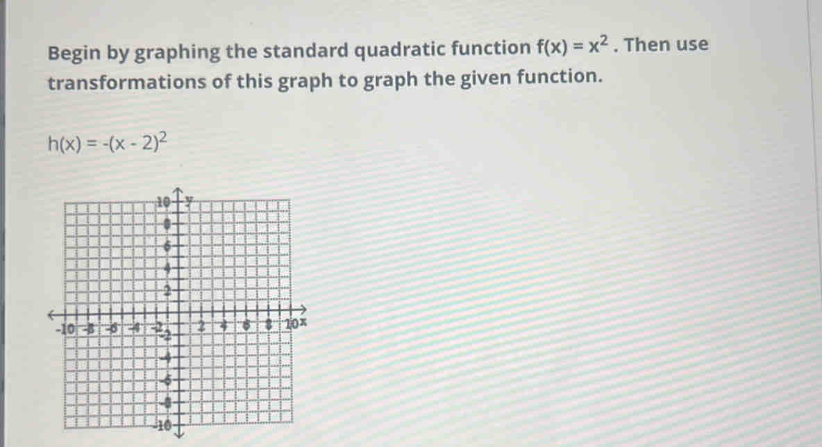 Begin by graphing the standard quadratic function f(x)=x^2. Then use 
transformations of this graph to graph the given function.
h(x)=-(x-2)^2