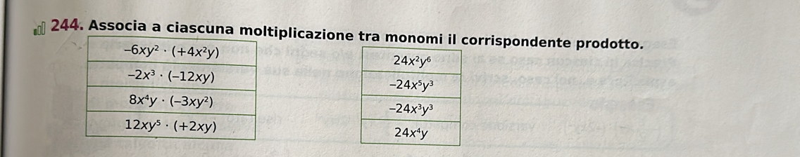 Associa a ciascuna moltiplicazione tra monomi il corrispondente prodotto.