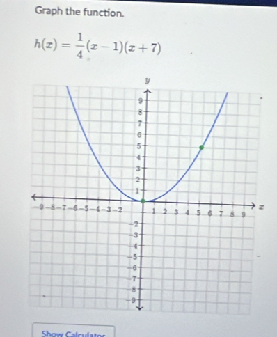 Graph the function.
h(x)= 1/4 (x-1)(x+7)
Show Calculator