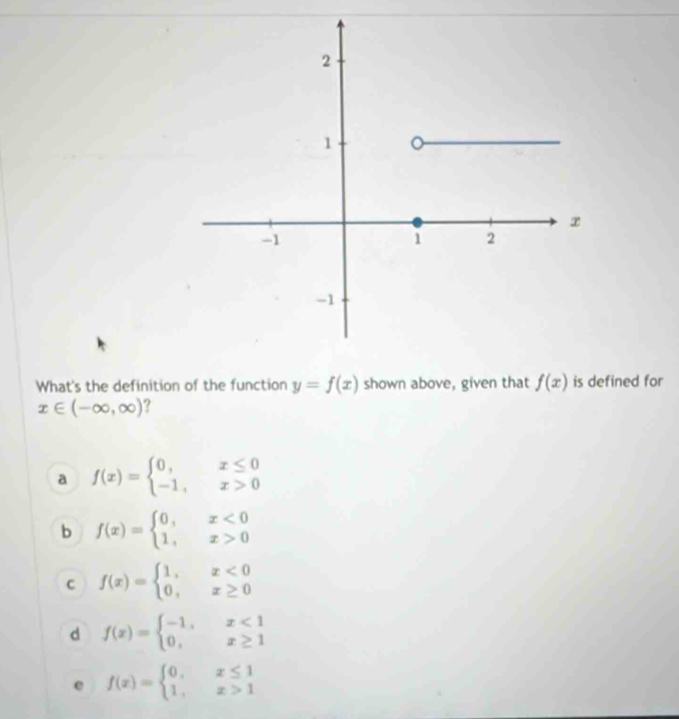 What's the definition of the function y=f(x) shown above, given that f(x) is defined for
x∈ (-∈fty ,∈fty ) ?
a f(x)=beginarrayl 0,x≤ 0 -1,x>0endarray.
b f(x)=beginarrayl 0,x<0 1,x>0endarray.
C f(x)=beginarrayl 1,x<0 0,x≥ 0endarray.
d f(x)=beginarrayl -1,x<1 0,x≥ 1endarray.
e f(x)=beginarrayl 0,x≤ 1 1,x>1endarray.