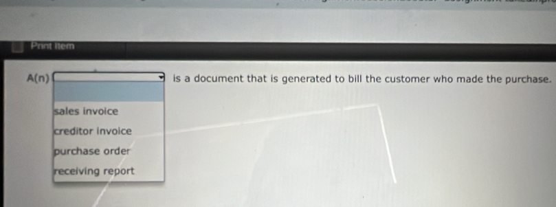 Print item
A(n) is a document that is generated to bill the customer who made the purchase.
sales invoice
creditor invoice
purchase order
receiving report