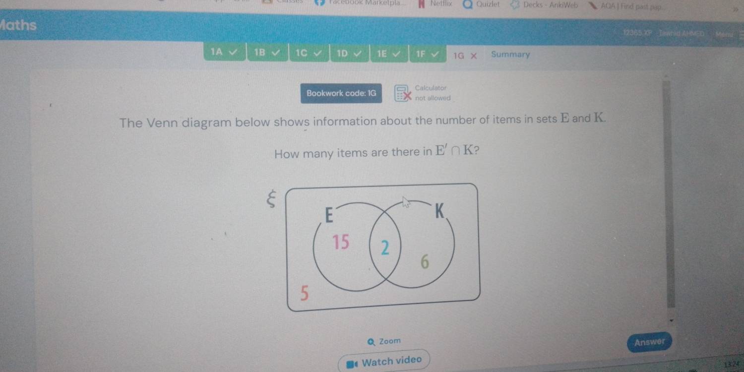 racebook Marketpía. Netflix Quizlet Decks - AnkiWeb AQA | Find past pap. 
Maths 12365 XP Iawhid AHMED Menu 
1A √ 1B 1C √ 1D 1E 1F 1G × Summary 
Calculator 
Bookwork code: 1G not allowed 
The Venn diagram below shows information about the number of items in sets E and K. 
How many items are there in E'∩ K ? 
Zoom Answer 
■“ Watch video 
1324