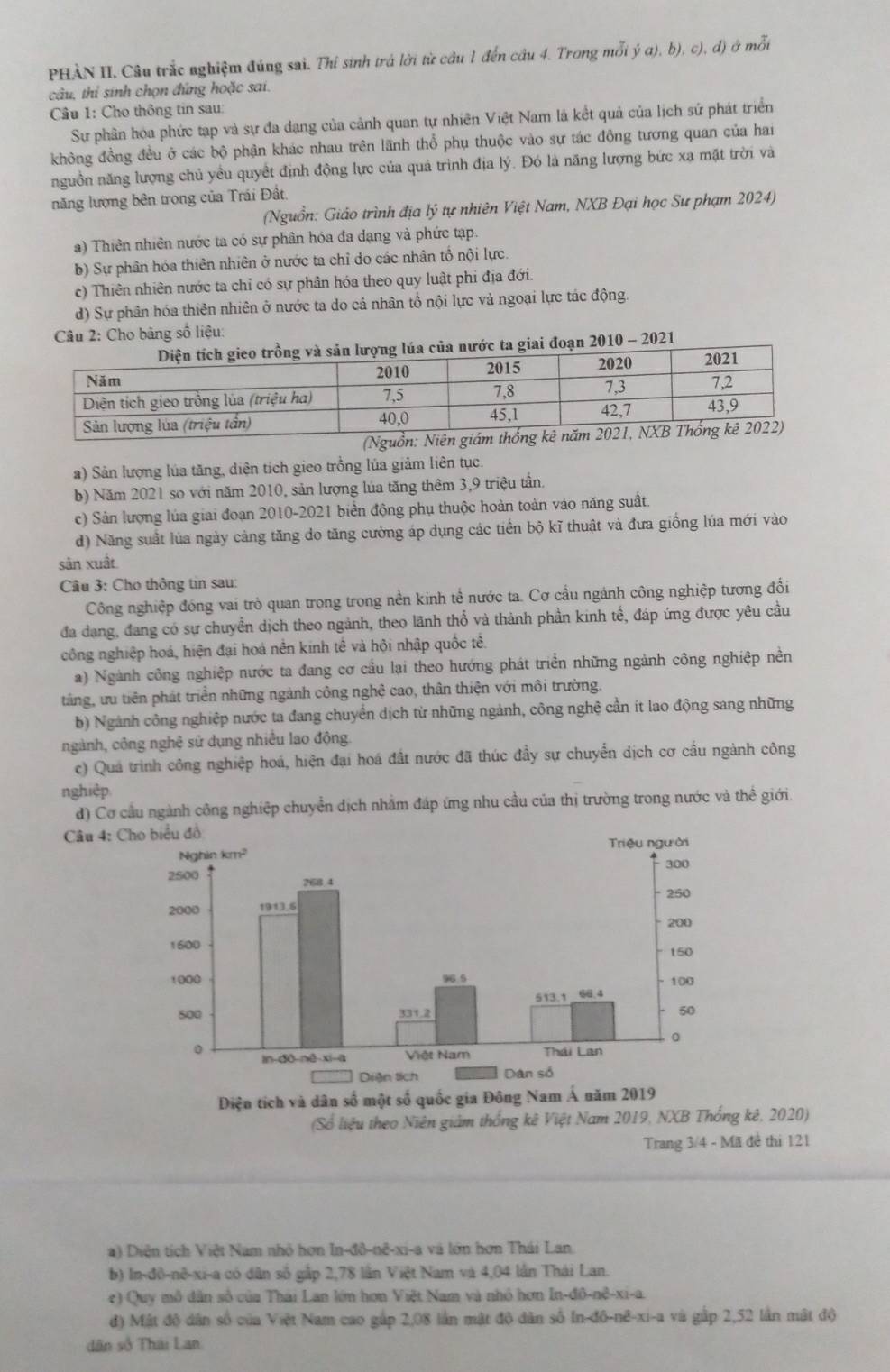 PHÀN II. Câu trắc nghiệm đúng sai. Thỉ sinh trá lời từ câu 1 đến cầu 4. Trong mỗi ý a), b), c), đ) ở mỗi
câu, thỉ sinh chọn đúng hoặc sai.
Câu 1: Cho thông tin sau:
Sự phân hóa phức tạp và sự đa dạng của cảnh quan tự nhiên Việt Nam là kết quả của lịch sứ phát triển
không đồng đều ở các bộ phận khác nhau trên lãnh thổ phụ thuộc vào sự tác động tương quan của hai
nguồn năng lượng chủ yều quyềt định động lực của quả trình địa lý. Đó là năng lượng bức xạ mặt trời và
năng lượng bên trong của Trái Đất,
(Nguồn: Giáo trình địa lý tự nhiên Việt Nam, NXB Đại học Sư phạm 2024)
a) Thiên nhiên nước ta có sự phân hóa đa dạng và phức tạp.
b) Sự phân hóa thiên nhiên ở nước ta chỉ đo các nhân tổ nội lực.
c) Thiên nhiên nước ta chỉ có sự phân hóa theo quy luật phi địa đới.
d) Sự phân hóa thiên nhiên ở nước ta do cả nhân tổ nội lực và ngoại lực tác động.
Câu 2: Cho bảng số liệu:
a nước ta giai đoạn 2010 - 2021
a) Sản lượng lúa tăng, diện tích gieo trồng lúa giảm liên tục.
b) Năm 2021 so với năm 2010, sản lượng lúa tăng thêm 3,9 triệu tần.
c) Sản lượng lúa giai đoạn 2010-2021 biển động phụ thuộc hoàn toàn vào năng suất.
d) Năng suất lùa ngày cảng tăng do tăng cường áp dụng các tiền bộ kĩ thuật và đưa giống lúa mới vào
sản xuất
Câu 3: Cho thông tin sau:
Công nghiệp đóng vai trò quan trọng trong nền kinh tế nước ta. Cơ cầu ngánh công nghiệp tương đối
đa dang, đang có sự chuyển dịch theo ngảnh, theo lãnh thổ và thành phần kinh tế, đáp ứng được yêu cầu
công nghiệp hoá, hiện đại hoá nền kinh tế và hội nhập quốc tế.
a) Ngành công nghiệp nước ta đang cơ cầu lại theo hướng phát triển những ngành công nghiệp nền
táng, ưu tiên phát triển những ngành công nghệ cao, thân thiện với môi trường.
b) Ngành công nghiệp nước ta đang chuyển dịch từ những ngảnh, công nghệ cần ít lao động sang những
ngành, công nghệ sử dụng nhiều lao động
c) Quá trình công nghiệp hoá, hiện đại hoá đất nước đã thúc đầy sự chuyển dịch cơ cầu ngành công
nghiệp
d) Cơ cầu ngành công nghiệp chuyển dịch nhằm đáp ứng nhu cầu của thị trường trong nước và thể giới.
Câu 4: C
Diện tích và dân số một số quốc gia Đông Nam Á năm 2019
(Số liệu theo Niên giám thống kê Việt Nam 2019, NXB Thống kê, 2020)
Trang 3/4 - Mã đề thi 121
a) Diện tịch Việt Nam nhỏ hơn In-đô-nê-xi-a và lớn hơn Thái Lan.
b) In-đô-nê-xi-a có dân số gập 2,78 lần Việt Nam và 4,04 lần Thái Lan.
e) Quy mô dân số của Thái Lan lớn hơn Việt Nam và nhỏ hơn In -d(10-x^2-x-a
đ) Mật độ dân số của Việt Nam cao gắp 2,08 lần mật độ dân số In-đô-nê-xi-a và gắp 2,52 lần mật độ
dân sở Thái Lan.