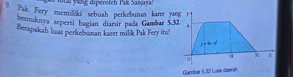 total yang diperoleh Pak Sanjaya? 
9. Pak Fery memiliki sebuah perkebunan karet yang y
bentuknya seperti bagian diarsir pada Gambar 5.32. 4
Berapakah luas perkebunan karet milik Pak Fery itu?
y=4x-x^2
0
18 32 x
Gambar 5.32 Luas daerah