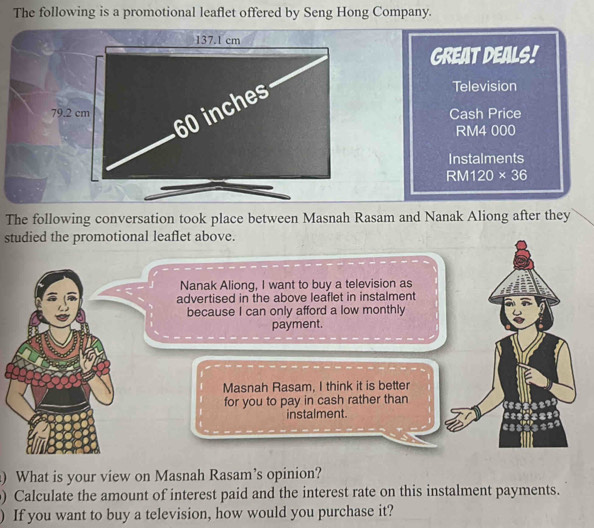 The following is a promotional leaflet offered by Seng Hong Company.
137.1 cm
GREAT DEALS!
60 inches
Television
79.2 cm Cash Price
RM4 000
Instalments
RM 120* 36
The following conversation took place between Masnah Rasam and Nanak Aliong after they 
studied the promotional leaflet above. 
Nanak Aliong, I want to buy a television as 
advertised in the above leaflet in instalment 
because I can only afford a low monthly 
payment. 
Masnah Rasam, I think it is better 
for you to pay in cash rather than 
instalment. 
) What is your view on Masnah Rasam’s opinion? 
) Calculate the amount of interest paid and the interest rate on this instalment payments. 
) If you want to buy a television, how would you purchase it?