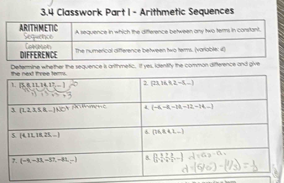 3.4 Classwork Part I - Arithmetic Sequences
Determine whether the sequence is arrithmetic. If yes, identity the common difference and give