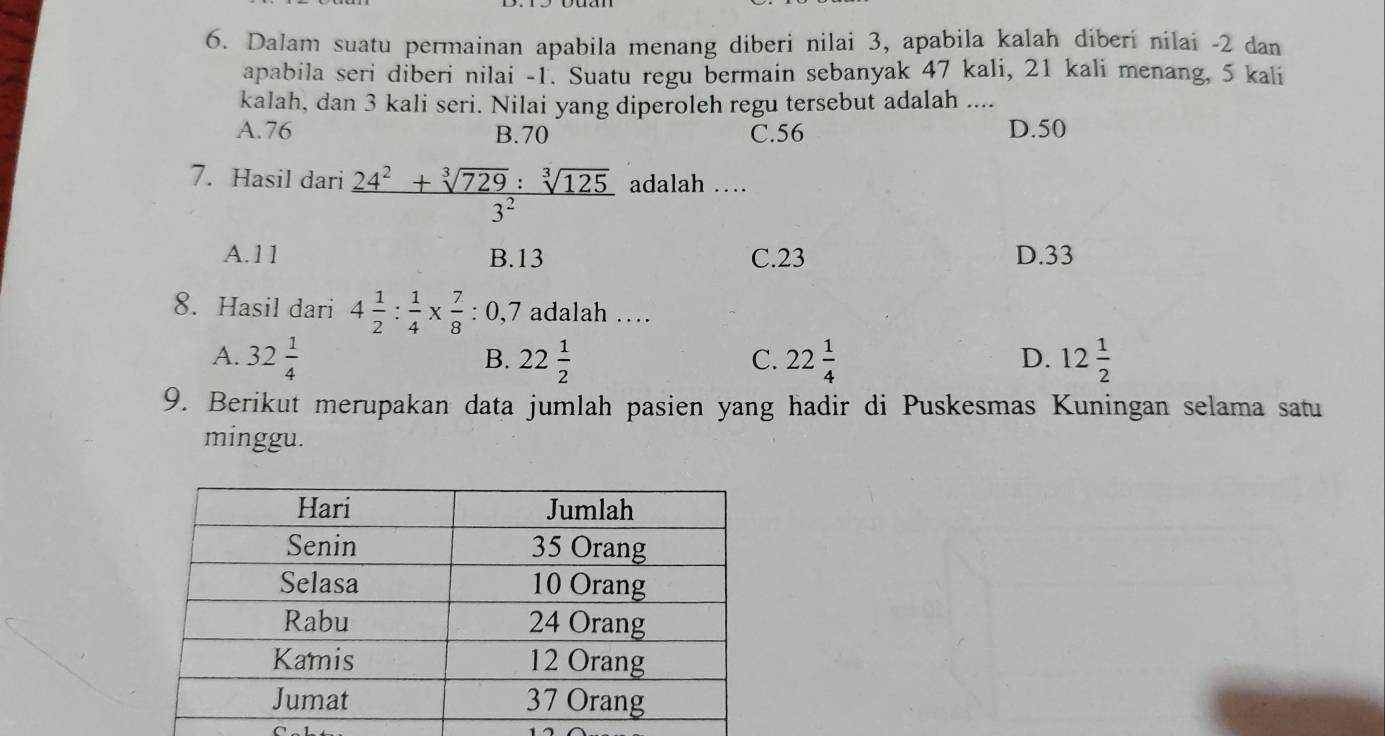 Dalam suatu permainan apabila menang diberi nilai 3, apabila kalah diberi nilai -2 dan
apabila seri diberi nilai -1. Suatu regu bermain sebanyak 47 kali, 21 kali menang, 5 kali
kalah, dan 3 kali seri. Nilai yang diperoleh regu tersebut adalah ....
A. 76 B. 70 C. 56 D. 50
7. Hasil dari  (24^2+sqrt[3](729):sqrt[3](125))/3^2  adalah …
A. 11 B. 13 C. 23 D. 33
8. Hasil dari 4 1/2 : 1/4 *  7/8  : 0,7 adalah …
A. 32 1/4  22 1/2  22 1/4  12 1/2 
B.
C.
D.
9. Berikut merupakan data jumlah pasien yang hadir di Puskesmas Kuningan selama satu
minggu.