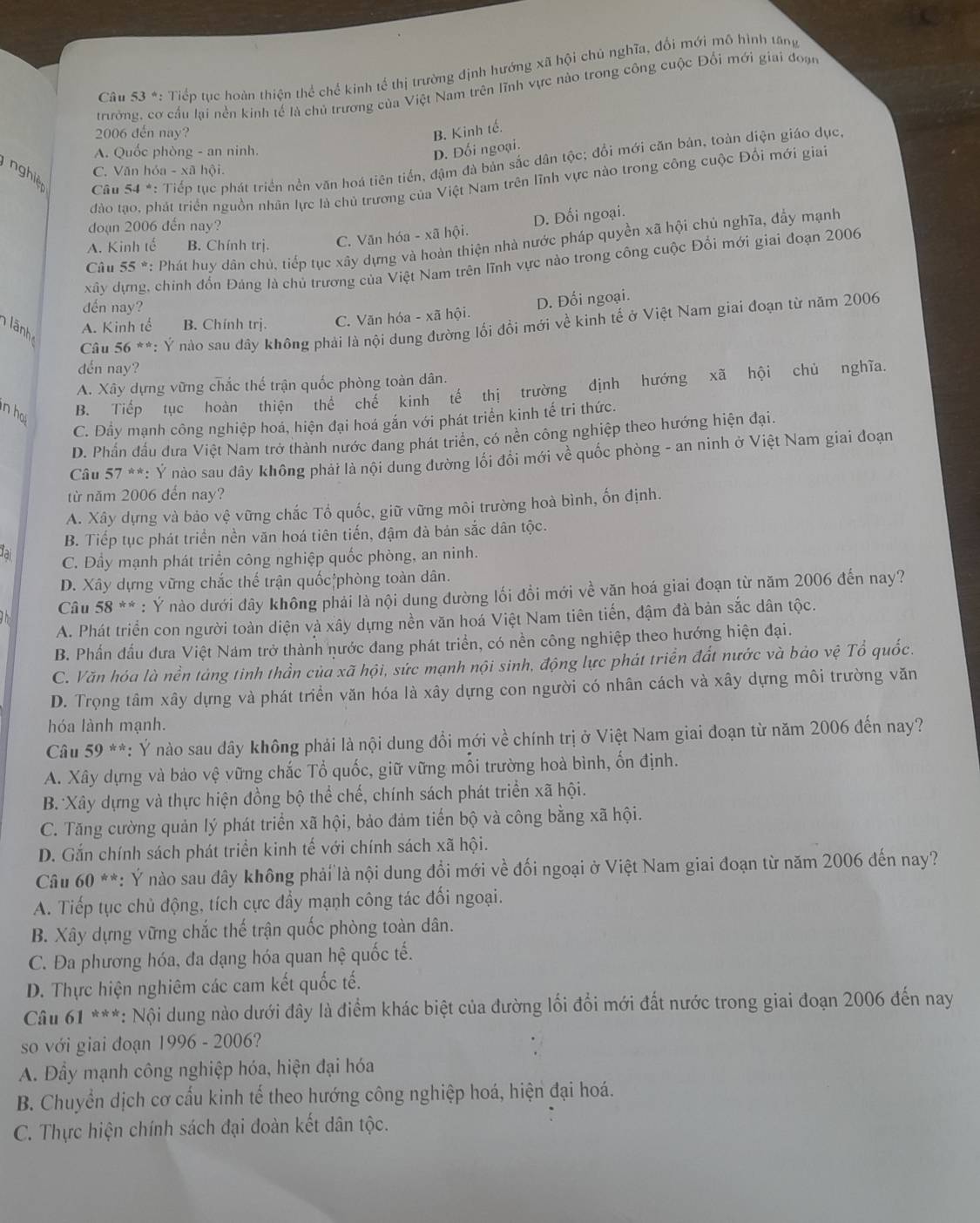 Tiếp tục hoàn thiện thể chế kinh tế thị trường định hướng xã hội chủ nghĩa, đổi mới mô hình tăng
trưởng, cơ cấu lại nền kinh tế là chủ trương của Việt Nam trên lĩnh vực nào trong công cuộc Đối mới giai đoạn
2006 đến nay? B. Kinh tế.
A. Quốc phòng - an ninh.
D. Đối ngoại.
nghiệ
Câu 54 *: Tiếp tục phát triển nền văn hoá tiên tiến, đậm đà bản sắc dân tộc; đổi mới căn bản, toàn diện giáo dục
C. Văn hóa - xã hội.
đào tạo, phát triển nguồn nhân lực là chủ trương của Việt Nam trên lĩnh vực nào trong công cuộc Đổi mới giai
đoạn 2006 đến nay?
D. Đối ngoại.
A. Kinh tế B. Chính trị. C. Văn hóa - xã hội.
Câu 55 *: Phát huy dân chủ, tiếp tục xây dựng và hoàn thiện nhà nước pháp quyền xã hội chủ nghĩa, đẩy mạnh
xây dựng, chính đổn Đảng là chủ trương của Việt Nam trên lĩnh vực nào trong công cuộc Đổi mới giai đoạn 2006
đến nay?
ãnh A. Kinh tế B. Chính trị. C. Văn hóa - xã hội. D. Đối ngoại.
Câu 56 **: Ý nào sau đây không phải là nội dung đường lối đổi mới về kinh tế ở Việt Nam giai đoạn từ năm 2006
đến nay?
A. Xây dựng vững chắc thế trận quốc phòng toàn dân.
n ha B. Tiếp tục hoàn thiện thể chế kinh tế thị trường định hướng xã hội chủ nghĩa.
C. Đẩy mạnh công nghiệp hoá, hiện đại hoá gắn với phát triển kinh tế tri thức.
D. Phần đấu đưa Việt Nam trở thành nước dang phát triển, có nền công nghiệp theo hướng hiện đại.
Câu 57 **: Ý nào sau dây không phải là nội dung đường lổi đổi mới về quốc phòng - an ninh ở Việt Nam giai đoạn
từ năm 2006 đến nay?
A. Xây dựng và bảo vệ vững chắc Tổ quốc, giữ vững môi trường hoà bình, ốn định.
da B. Tiếp tục phát triển nền văn hoá tiên tiến, đậm đà bản sắc dân tộc.
C. Đầy mạnh phát triển công nghiệp quốc phòng, an ninh.
D. Xây dựng vững chắc thế trận quốc phòng toàn dân.
Câu 58 ** : Ý nào dưới dây không phải là nội dung dường lối đổi mới về văn hoá giai đoạn từ năm 2006 đến nay?
A. Phát triển con người toàn diện và xây dựng nền văn hoá Việt Nam tiên tiến, đậm đà bản sắc dân tộc.
B. Phần đầu dưa Việt Nam trở thành nước đang phát triển, có nền công nghiệp theo hướng hiện đại.
C. Văn hóa là nền tảng tinh thần của xã hội, sức mạnh nội sinh, động lực phát triển đất nước và bảo vệ Tổ quốc.
D. Trọng tâm xây dựng và phát triển văn hóa là xây dựng con người có nhân cách và xây dựng môi trường văn
hóa lành mạnh.
Câu 59 **: Ý nào sau dây không phải là nội dung đổi mới về chính trị ở Việt Nam giai đoạn từ năm 2006 đến nay?
A. Xây dựng và bảo vệ vững chắc Tổ quốc, giữ vững mỗi trường hoà bình, ốn định.
B. Xây dựng và thực hiện đồng bộ thể chế, chính sách phát triển xã hội.
C. Tăng cường quản lý phát triển xã hội, bảo đảm tiến bộ và công bằng xã hội.
D. Gắn chính sách phát triển kinh tế với chính sách xã hội.
Câu 60 **: Ý nào sau dây không phải là nội dung đổi mới về đối ngoại ở Việt Nam giai đoạn từ năm 2006 đến nay?
A. Tiếp tục chủ động, tích cực đầy mạnh công tác đối ngoại.
B. Xây dựng vững chắc thế trận quốc phòng toàn dân.
C. Đa phương hóa, đa dạng hóa quan hệ quốc tế.
D. Thực hiện nghiêm các cam kết quốc tế.
Câu 61 ***: Nội dung nào dưới đây là điểm khác biệt của đường lối đổi mới đất nước trong giai đoạn 2006 đến nay
so với giai đoạn 1996 - 2006?
A. Đầy mạnh công nghiệp hóa, hiện đại hóa
B. Chuyển dịch cơ cấu kinh tế theo hướng công nghiệp hoá, hiện đại hoá.
C. Thực hiện chính sách đại đoàn kết dân tộc.