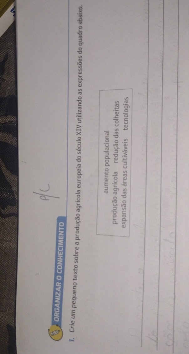ORGANIZAR O CONHECIMENTO
1. Crie um pequeno texto sobre a produção agrícola europeia do século XIV utilizando as expressões do quadro abaixo.
aumento populacional
produção agrícola redução das colheitas
expansão das áreas cultiváveis tecnologias
_
_
_