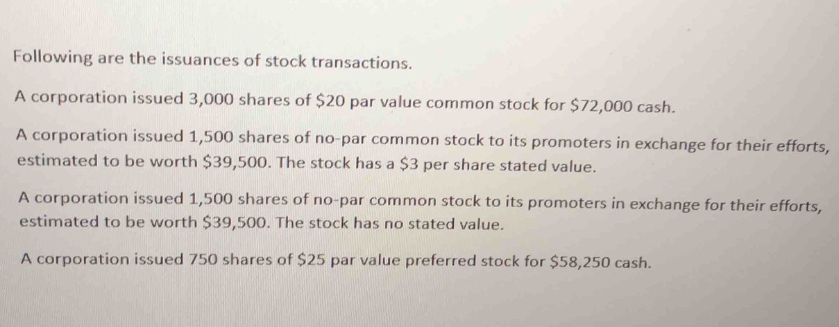 Following are the issuances of stock transactions.
A corporation issued 3,000 shares of $20 par value common stock for $72,000 cash.
A corporation issued 1,500 shares of no-par common stock to its promoters in exchange for their efforts,
estimated to be worth $39,500. The stock has a $3 per share stated value.
A corporation issued 1,500 shares of no-par common stock to its promoters in exchange for their efforts,
estimated to be worth $39,500. The stock has no stated value.
A corporation issued 750 shares of $25 par value preferred stock for $58,250 cash.