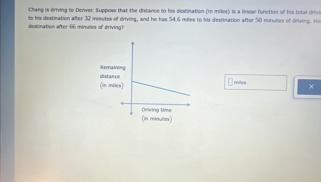 Chang is driving to Denver. Suppose that the distance to his destination (in miles) is a linear function of his total drivi 
to his destination after 32 minutes of driving, and he has 54.6 miles to his destination after 50 minutes of driving. Ho 
destination after 66 minutes of driving? 
Remain 
distanc
miles
(in mile × 
(in minutes)