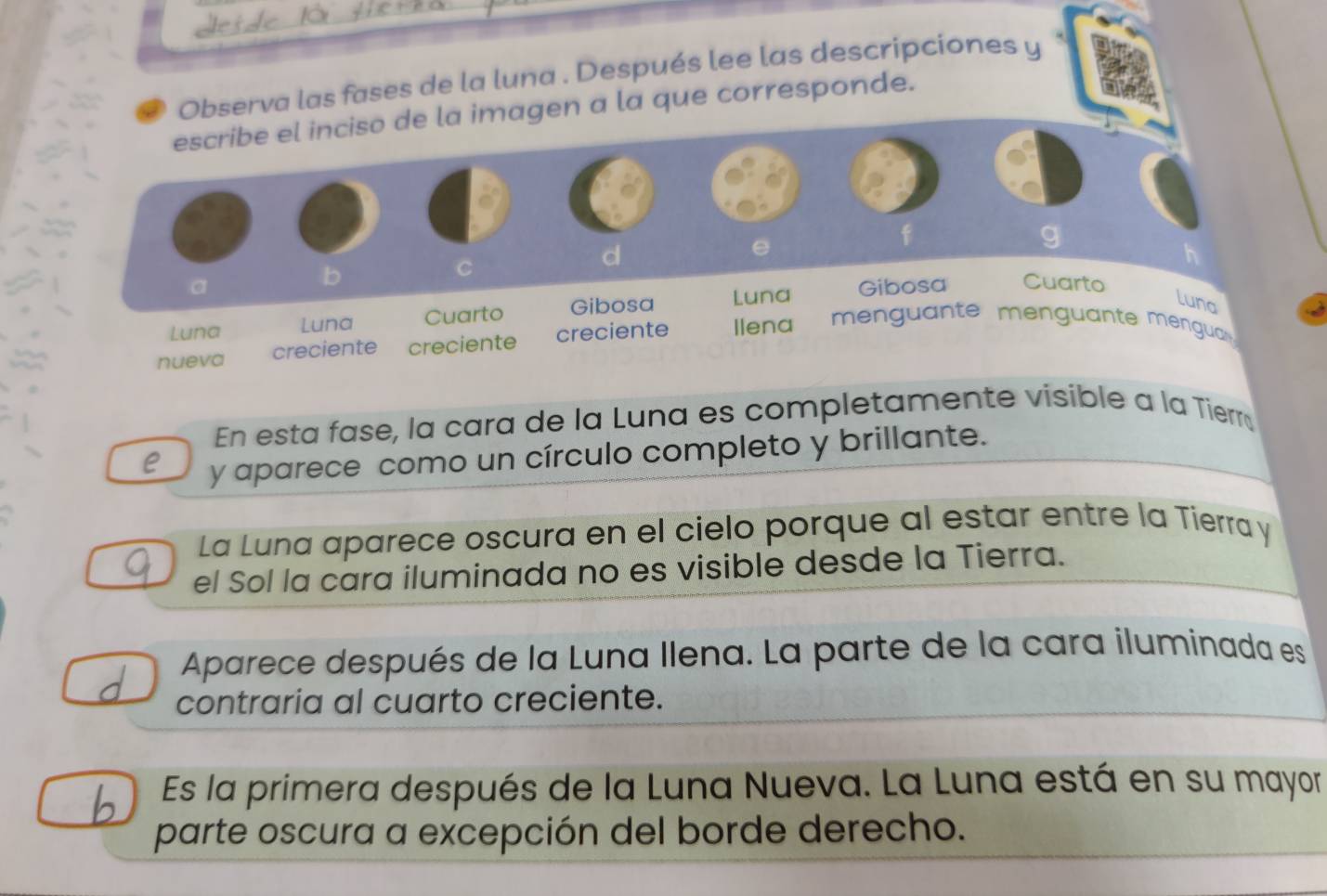 Observa las fases de la luna . Después lee las descripciones y 
escribe el inciso de la imagen a la que corresponde. 
g 
d 
e 
a 
b 
C 
h 
Luna Luna Cuarto Gibosa Luna Gibosa Cuarto 
luna 
nueva creciente creciente creciente Ilena menguante menguante mengua 
En esta fase, la cara de la Luna es completamente visible a la Tierra 
e y aparece como un círculo completo y brillante. 
La Luna aparece oscura en el cielo porque al estar entre la Tierra y 
el Sol la cara iluminada no es visible desde la Tierra. 
Aparece después de la Luna llena. La parte de la cara iluminada es 
contraria al cuarto creciente. 
Es la primera después de la Luna Nueva. La Luna está en su mayor 
parte oscura a excepción del borde derecho.