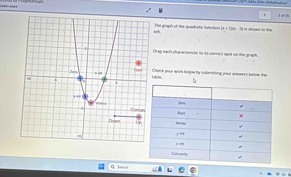 olynomials
3-0ec62a41-2d71-4d3e-82fe-c926d4ea0ca1
caden avant
< l of 15
The graph of the quadratic function  (x+1)(x-3) is shown to the
left.
Drag each characteristic to its correct spot on the graph.
Check your work below by submitting your answers below the
able.
Search