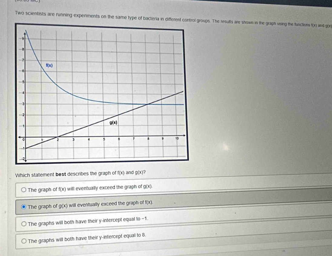 Two scientists are running experiments on the same type of bacteria in different control groups. The results are shown in the graph using the functions f(x) and g(x)
Which statement best describes the graph of f(x) and g(x) ?
The graph of f(x) will eventually exceed the graph of g(x).
The graph of g(x) will eventually exceed the graph of f(x)
The graphs will both have their y-intercept equal to -1.
The graphs will both have their y-intercept equal to 8.