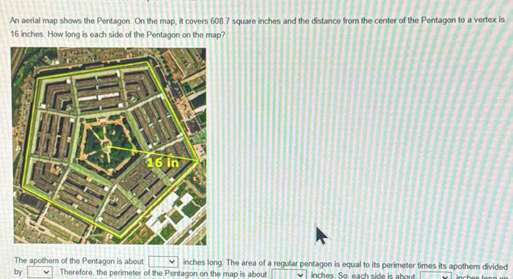 Solved: An aerial map shows the Pentagon. On the map, it covers 608.7 ...
