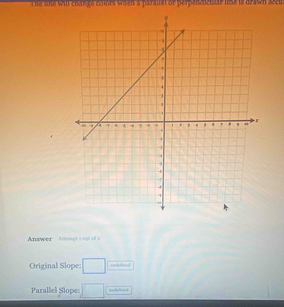 The le will change colors when a parallel or perpendicular lne is drawn accur
Answer Attempt 1 out of 2
Original Slope: □ undefined
Parallel Slope: □ undefined