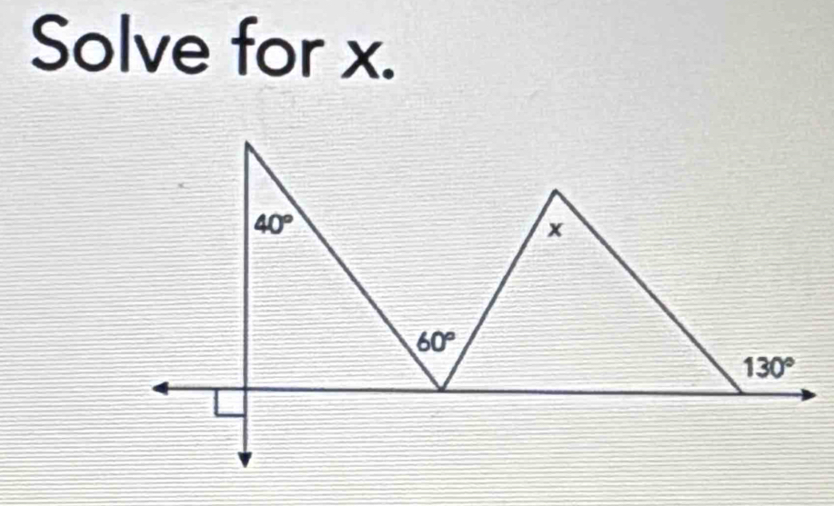 Solve for x.
40°
x
60°
130°