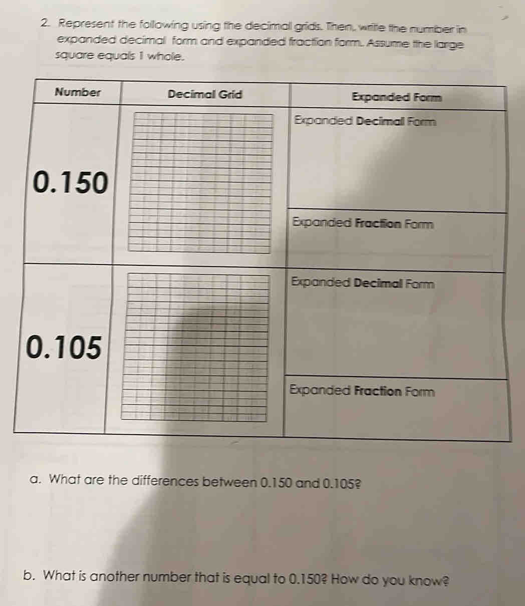 Represent the following using the decimal grids. Then, writte the number in
expanded decimal form and expanded fraction form. Assume the large
square equals 1 whole.
Expanded Form
Expanded Decimall Form
Expanded Fraction Form
Expanded Decimal Form
Expanded Fraction Form
a. What are the differences between 0.150 and 0.105?
b. What is another number that is equal to 0.150? How do you know?