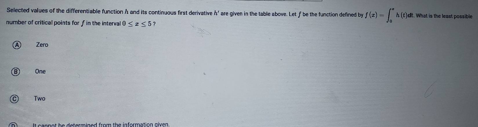 Selected values of the differentiable function h and its continuous first derivative h' are given in the table above. Let f be the function defined by f(x)=∈t _0^xh(t)dt ut. What is the least possible
number of critical points for f in the interval 0≤ x≤ 5 ?
Zero
One
Two
A It cannot be determined from the information given.