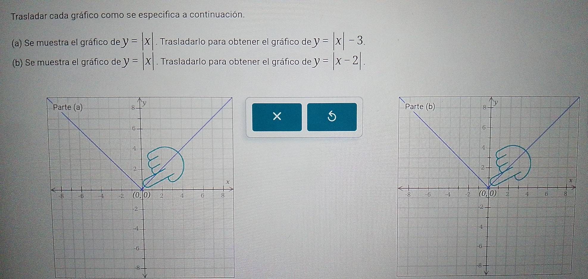 Trasladar cada gráfico como se especifica a continuación. 
(a) Se muestra el gráfico de y=|x|. Trasladarlo para obtener el gráfico de y=|x|-3. 
(b) Se muestra el gráfico de y=|x|. Trasladarlo para obtener el gráfico de y=|x-2|. 

×