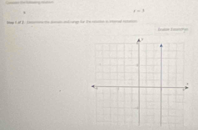 Comimer the fnlimmings ealatioes
x
x=3
Steep 1 of 2 / Demesini the domain and are for the relation to inerval notation. 
Enaise ZqucfPan