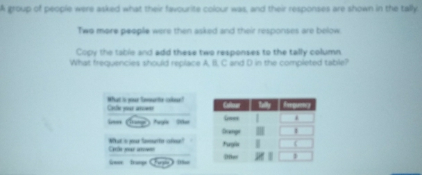 A group of people were asked what their favourite colour was, and their responses are shown in the tally. 
Two more peoplie were then asked and their responses are below 
Copy the table and add these two responses to the tally column 
What frequencies should replace A, B, C and D in the completed table? 
What is your fomarte coloe! 
Cacle your arower 
Goe 
What s your Swourlto clue? 
Carle your arower 
G Bage mee