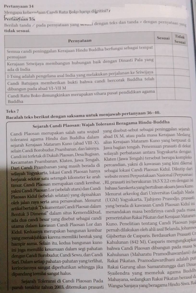 Pertanyaan 34
Mengapa keberadaan Candi Ratu Boko harys dikritisi? 
Pertanyaan 35
Berilah tanda ✓ pada pernyataan yang sesuai dengan teks dan tanda × dengan pernyataan yang
Teks 7
Bacalah teks berikut dengan saksama untuk menjawab pertanyaan 36-40.
Sejarah Candi Plaosan: Wajah Toleransi Beragama Hindu-Buddha
Candi Plaosan merupakan salah satu wujud yang disebut-sebut sebagai peninggalan sejarah
toleransi agama Hindu dan Buddha dalam abad IX M, atau pada masa Kerajaan Medang
sejarah Kerajaan Mataram Kuno (abad VIII-X), alias Kerajaan Mataram Kuno yang berpusat di
selain Candi Borobudur, Prambanan, dan lainnya. Jawa bagian tengah. Penemuan prasasti di dekat
Candi ini terletak di Dukuh Plaosan, Desa Bugisan, wilayah perbatasan antara Yogyakarta dengan
Kecamatan Prambanan, Klaten, Jawa Tengah. Klaten (Jawa Tengah) tersebut berupa kompleks
Dari Candi Prambanan yang masih berada di percandian, yakni di kawasan yang kini dikenal
wilayah Yogyakarta, lokasi Candi Plaosan hanya sebagai lokasi Candi Plaosan Kidul. Dikutip dari
berjarak sekitar satu setengah kilometer ke arah website resmi Perpustakaan Nasional (Perpusnas)
timur. Candi Plaosan merupakan candi kembar, RI, prasasti ini berukuran 18,5 X 2,2 cm dengan isi
yakni Candi Plaosan Lor (sebelah utara) dan Candi bahasa Sanskerta yang bertulisan aksara Jawa Kuno.
Plaosan Kidul (sebelah selatan) yang dipisahkan Menurut arkeolog dari Universitas Gadjah Mada
oleh jalan raya serta area persawahan. Menurut (UGM) Yogyakarta, Tjahjono Prasodjo, prasasti
artikel bertajuk ''Dokumentasi Candi Plaosan dalam yang berada di kawasan Candi Plaosan Kidul ini
Bentuk 3 Dimensi'' dalam situs Kemendikbud, menandakan masa berdirinya candi pada masa
ada dua candi besar yang disebut sebagai candi pemerintahan Rakai Pikatan dari Kerajaan Mataram
utama dalam kawasan Candi Plaosan Lor dan Kuno. Penelitian tentang Candi Plaosan juga
Kidul. Keduanya merupakan bangunan kembar pernah dilakukan oleh ahli asal Belanda, Johannes
yang menakjubkan karena memiliki bentuk yang Gijsbertus de Casparis. Berdasarkan Prasasti Cr
hampir sama, Selain itu, kedua bangunan kuno Kahulunan (842 M), Casparis mengungkapkar
ini juga memiliki kesamaan dalam segi pahatan bahwa Candi Plaosan dibangun pada masa S
dengan Candi Borobudur, Candi Sewu, dan Candi Kahulunan (Maharatu Pramodhawardani) da
Sari. Dalam setiap pahatan-pahatan yang terlihat, Rakai Pikatan. Pramodawardhani adalah put
kerinciannya sangat diperhatikan sehingga jika Rakai Garung alias Samaratungga dari Dinas
dipandang ternilai sangat halus. Syailendra yang memeluk agama Buddh
Sejarah Toleransi di Candi Plaosan Pada Mahayana, sedangkan Rakai Pikatan berasal da
paruh terakhir tahun 2003, ditemukan prasasti Wangsa Sanjaya yang beragama Hindu-Siwa. Ral