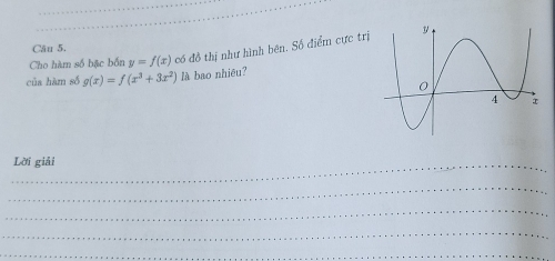 Cău 5. 
Cho hàm số bậc bốn y=f(x) có đồ thị như hình bên. Số điểm cực trị
của hàm số g(x)=f(x^3+3x^2) là bao nhiêu?
_Lời giải
_
_
_
_