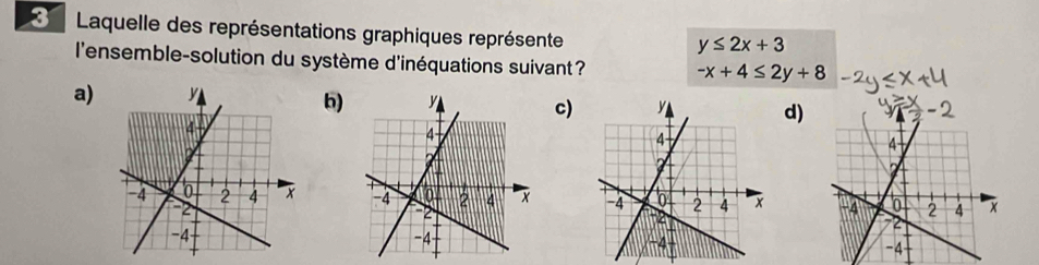 Laquelle des représentations graphiques représente
y≤ 2x+3
l'ensemble-solution du système d'inéquations suivant? -x+4≤ 2y+8
a)
b) c)d)