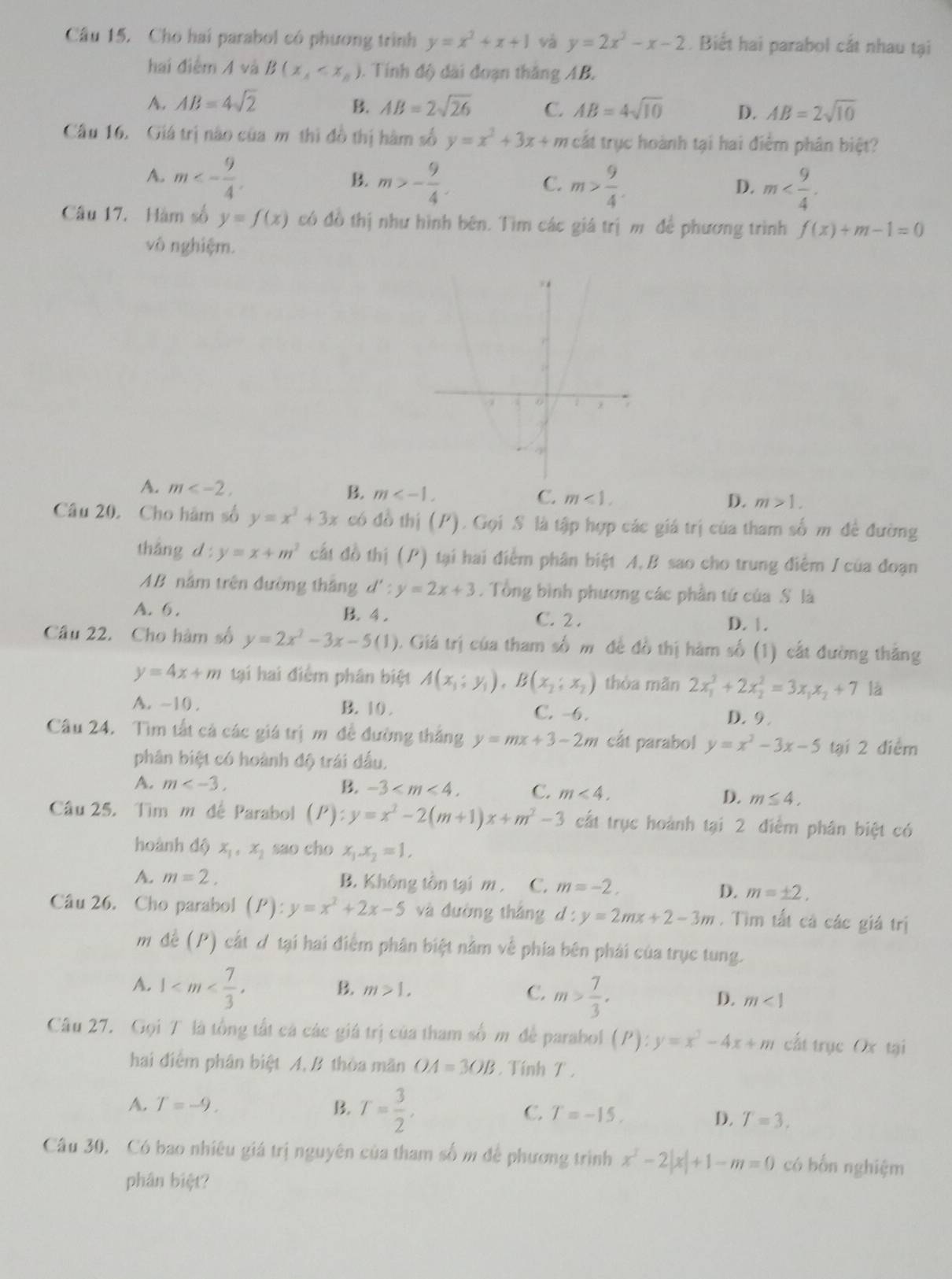 Cho hai parabol có phương trình y=x^2+x+1 và y=2x^3-x-2. Biết hai parabol cắt nhau tại
hai điểm 4 và B(x_A . Tính độ dài đoạn thắng AB.
A. AB=4sqrt(2) B. AB=2sqrt(26) C. AB=4sqrt(10) D. AB=2sqrt(10)
Câu 16. Giá trị nào của m thì đồ thị hàm số y=x^2+3x+m cất trục hoành tại hai điểm phân biệt?
A. m<- 9/4 . m>- 9/4 . m> 9/4 .
B.
C.
D. m
Câu 17. Hàm số y=f(x) có đồ thị như hình bên. Tìm các giá trị m để phương trình f(x)+m-1=0
vô nghiệm.
A. m B. m C. m<1. m>1.
D.
Câu 20. Cho hàm số y=x^3+3x có đồ thị (P). Gọi S là tập hợp các giá trị của tham số m đề đường
tháng d:y=x+m^2 cất đồ thị (P) tại hai điểm phân biệt A,B sao cho trung điểm I của đoạn
AB năm trên đường thắng d':y=2x+3. Tổng bình phương các phần tứ của S là
A. 6. B. 4 . C. 2 .
D. 1.
Cầâu 22. Cho hàm số y=2x^2-3x-5(1). Giá trị của tham số m đề đồ thị hàm số (1) cất đường thắng
y=4x+m tại hai điểm phân biệt A(x_1;y_1),B(x_2;x_2) thòa mǎn 2x_1^(2+2x_2^2=3x_1)x_2+7 là
A. -10 . B. 10 . C. -6. D. 9 
Câu 24. Tìm tắt cả các giá trị m đề đường thắng y=mx+3-2m cắt parabol y=x^2-3x-5 tại 2 điểm
phân biệt có hoành độ trái dấu.
A. m B. -3 C. m<4.
D. m≤ 4,
Câu 25. Tim m đê Parabol (P): y=x^2-2(m+1)x+m^2-3 cất trục hoành tại 2 điểm phân biệt có
hoành dộ x_1,x_2 sao cho x_1.x_2=1.
A. m=2. B. Không tồn tại m . C. m=-2. D. m=± 2.
Câu 26. Cho parabol (P):y=x^2+2x-5 và đường thắng d:y=2mx+2-3m. Tìm tất cả các giá trị
m đề (P) cắt ơ tại hai điểm phân biệt nằm về phía bên phải của trục tung.
A. 1
B. m>1. C. m> 7/3 . D. m<1</tex>
Câu 27. Gọi T là tổng tất cá các giá trị của tham số m để parabol (P):y=x^2-4x+m cất trục Ox tại
hai điểm phân biệt A, B thòa mãn OA=3OB , Tính 7 ,
A. T=-9. B. T= 3/2 , C. T=-15, D. T=3.
Câu 30, Có bao nhiêu giá trị nguyên của tham số m để phương trình x^2-2|x|+1-m=0 có bốn nghiệm
phân biệt?