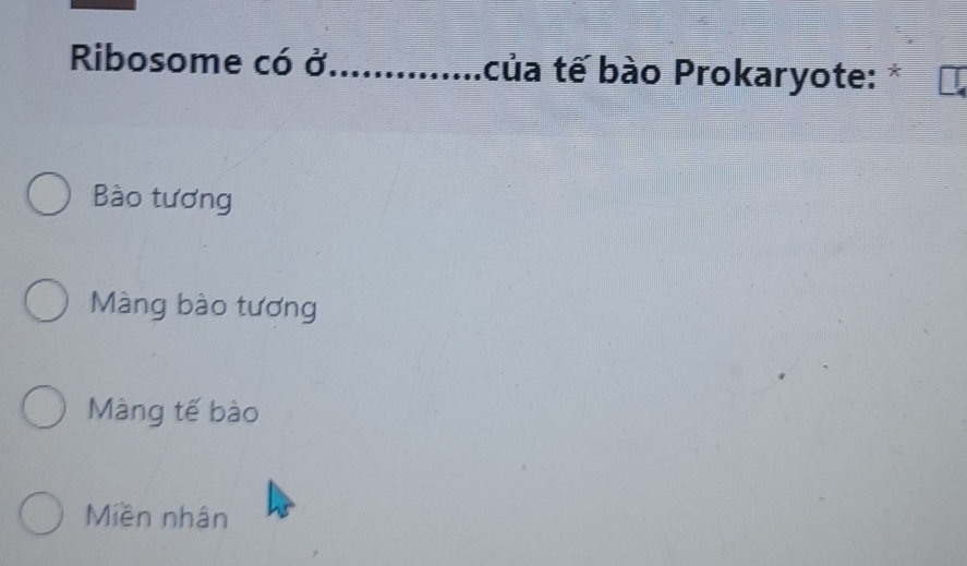 Ribosome có ở_ của tế bào Prokaryote:*
Bào tương
Màng bào tương
Màng tế bào
Miền nhân