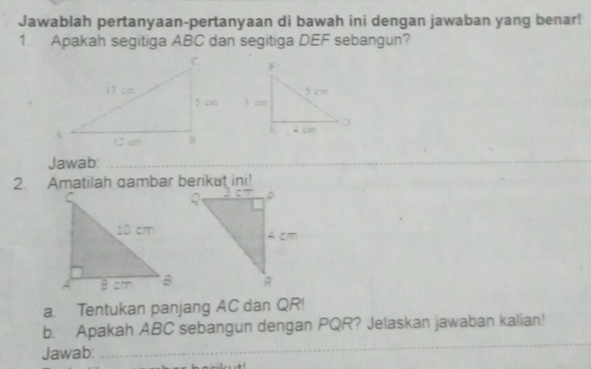 Jawablah pertanyaan-pertanyaan di bawah ini dengan jawaban yang benar! 
1. Apakah segitiga ABC dan segitiga DEF sebangun? 

Jawab:_ 
_ 
_ 
2. Amatilah qambar berikut ini! 
a. Tentukan panjang AC dan QR! 
_ 
b. Apakah ABC sebangun dengan PQR? Jelaskan jawaban kalian! 
Jawab: