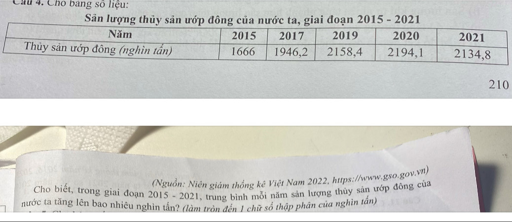 Cầu 4. Cho bang số liệu: 
Sản lượng thủy sản ướp đông của nước ta, giai đoạn 2015 - 2021 
210 
(Nguồn: Niên giám thống kê Việt Nam 2022, https://www.gso.gov.vn) 
Cho biết, trong giai đoạn 2015 - 2021, trung bình mỗi năm sản lượng thủy sản ướp đông của 
nước ta tăng lên bao nhiêu nghìn tấn? (làm tròn đến 1 chữ số thập phân của nghìn tấn)