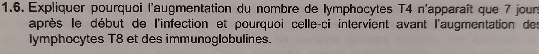 Expliquer pourquoi l'augmentation du nombre de lymphocytes T4 n'apparaît que 7 jours 
après le début de l'infection et pourquoi celle-ci intervient avant l'augmentation des 
lymphocytes T8 et des immunoglobulines.