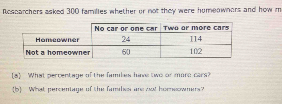 Researchers asked 300 families whether or not they were homeowners and how m 
(a) What percentage of the families have two or more cars? 
(b) What percentage of the families are not homeowners?