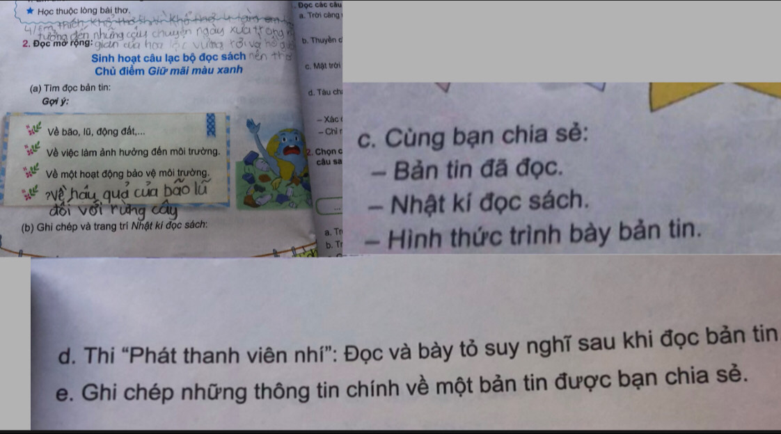 Học thuộc lòng bài thơ. Đọc các câu a. Trời càng
2. Đọc mở rộng: b. Thuyền c
Sinh hoạt câu lạc bộ đọc sách
Chủ điểm Giữ mãi màu xanh c. Mật trời
(a) Tìm đọc bản tin:
d. Tàu chí
Gợi ý :
- Xác
Về bão, lũ, động đất,... - Chỉ r
Về việc làm ảnh hưởng đến môi trường. 2. Chọn c c. Cùng bạn chia sẻ:
câu sa
Về một hoạt động bảo vệ môi trường. - Bản tin đã đọc.
- Nhật kí đọc sách.
(b) Ghi chép và trang trí Nhật kí đọc sách:
a.Tn
b. Tr - Hình thức trình bày bản tin.
d. Thi “Phát thanh viên nhí”: Đọc và bày tỏ suy nghĩ sau khi đọc bản tin
e. Ghi chép những thông tin chính về một bản tin được bạn chia sẻ.