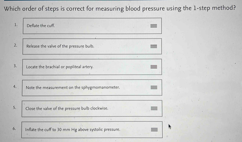 Solved: Which order of steps is correct for measuring blood pressure ...