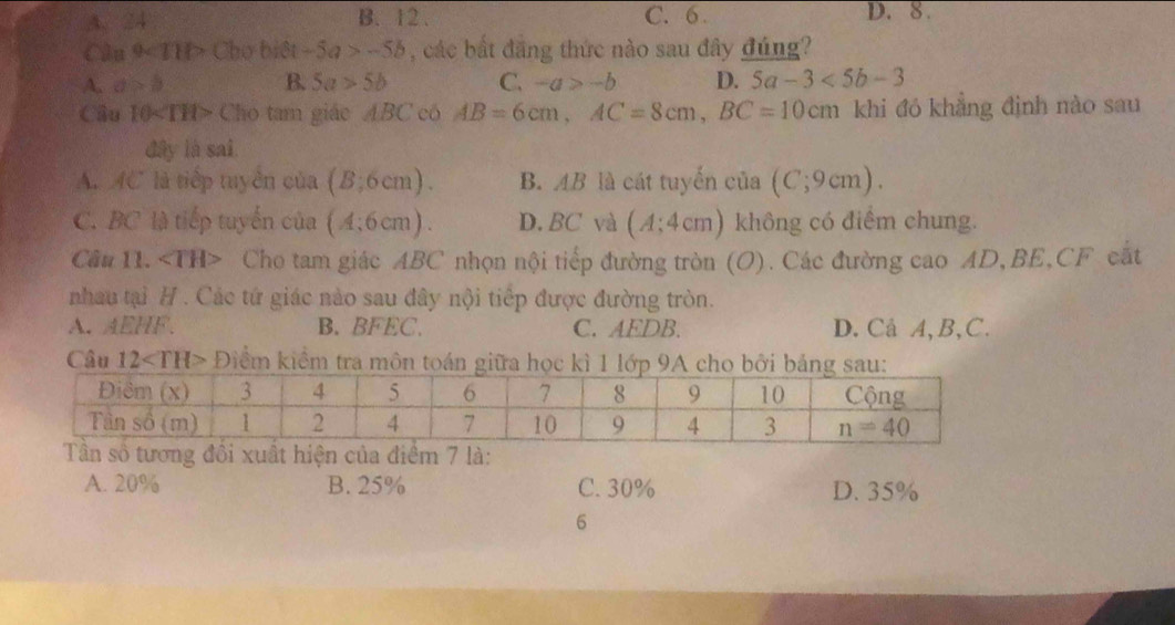 A. 24 B. 12 . C. 6 D. 8 .
Câu 9 Chơ biệt -5a>-5b , các bắt đăng thức nào sau đây đúng?
A. a>b B. 5a>5b C. -a>-b D. 5a-3<5b-3</tex>
Câu 10 Cho tam giác ABC có AB=6cm,AC=8cm,BC=10cm khi đỏ khẳng định nào sau
đây là sai
A. MC là tiếp tuyên của (B;6cm). B. AB là cát tuyển của (C;9cm).
C. BC là tiếp tuyển của (A;6cm). D. BC và (A;4cm) không có điểm chung.
Cầu 11. Cho tam giác ABC nhọn nội tiếp đường tròn (O). Các đường cao AD,BE,CF cắt
nhau tại H . Các tứ giác nào sau đây nội tiếp được đường tròn.
A、 AEHF B. BFEC. C. AEDB. D. Cå A, B, C.
Câu 12 D kiểm kiểm tra môn toán giữa học kì 1 lớp 9A cho bởi bảng sau:
A. 20% B. 25% C. 30% D. 35%
6