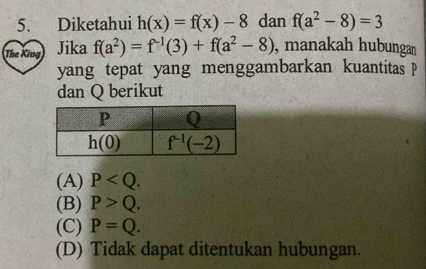 Diketahui h(x)=f(x)-8 dan f(a^2-8)=3
The King Jika f(a^2)=f^(-1)(3)+f(a^2-8) , manakah hubungan
yang tepat yang menggambarkan kuantitas 
dan Q berikut
(A) P
(B) P>Q.
(C) P=Q.
(D) Tidak dapat ditentukan hubungan.