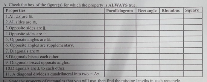 State the property of rectangles that you will use then find the missing lengths in each rectangle