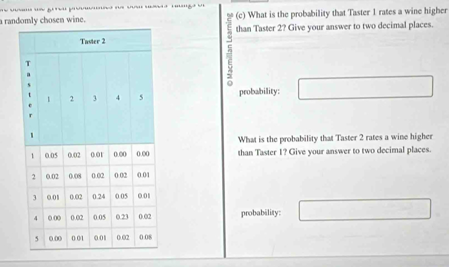 a randomly chosen wine. (c) What is the probability that Taster 1 rates a wine higher 
than Taster 2? Give your answer to two decimal places. 

probability: 
What is the probability that Taster 2 rates a wine higher 
than Taster 1? Give your answer to two decimal places. 
probability: